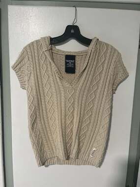 Vintage Polo Jeans Co. Ralph Lauren Beige Cable Knit Short Sleeve Hooded Sweater